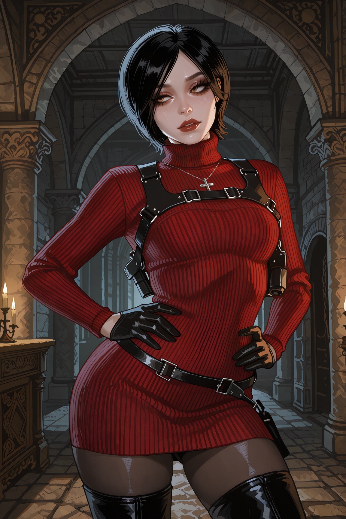 Vv.LXVIII - Centurion,  Vv.LXVIII - RE4R-Ada_Wong,  she is wearing a silver Catholic Cross necklace on Tensor.Art