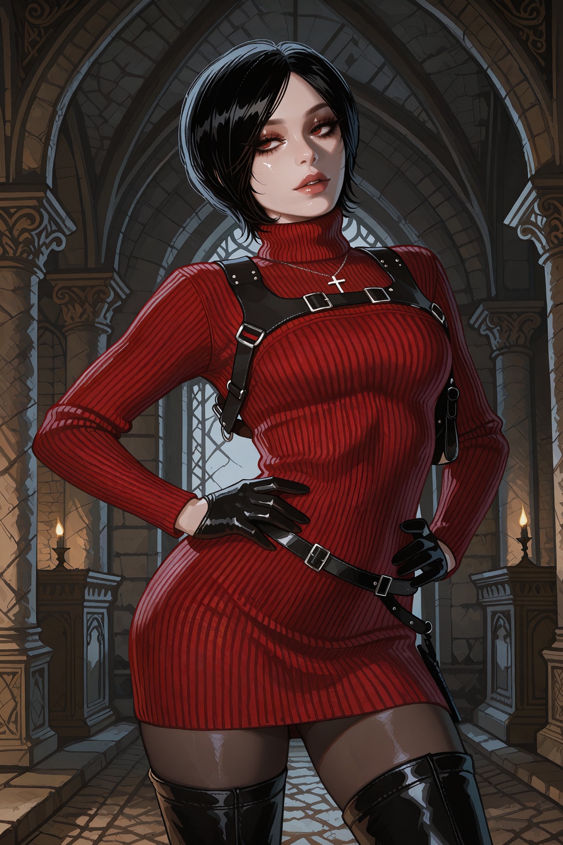 Vv.LXVIII - Centurion,  Vv.LXVIII - RE4R-Ada_Wong,  she is wearing a silver Catholic Cross necklace on Tensor.Art
