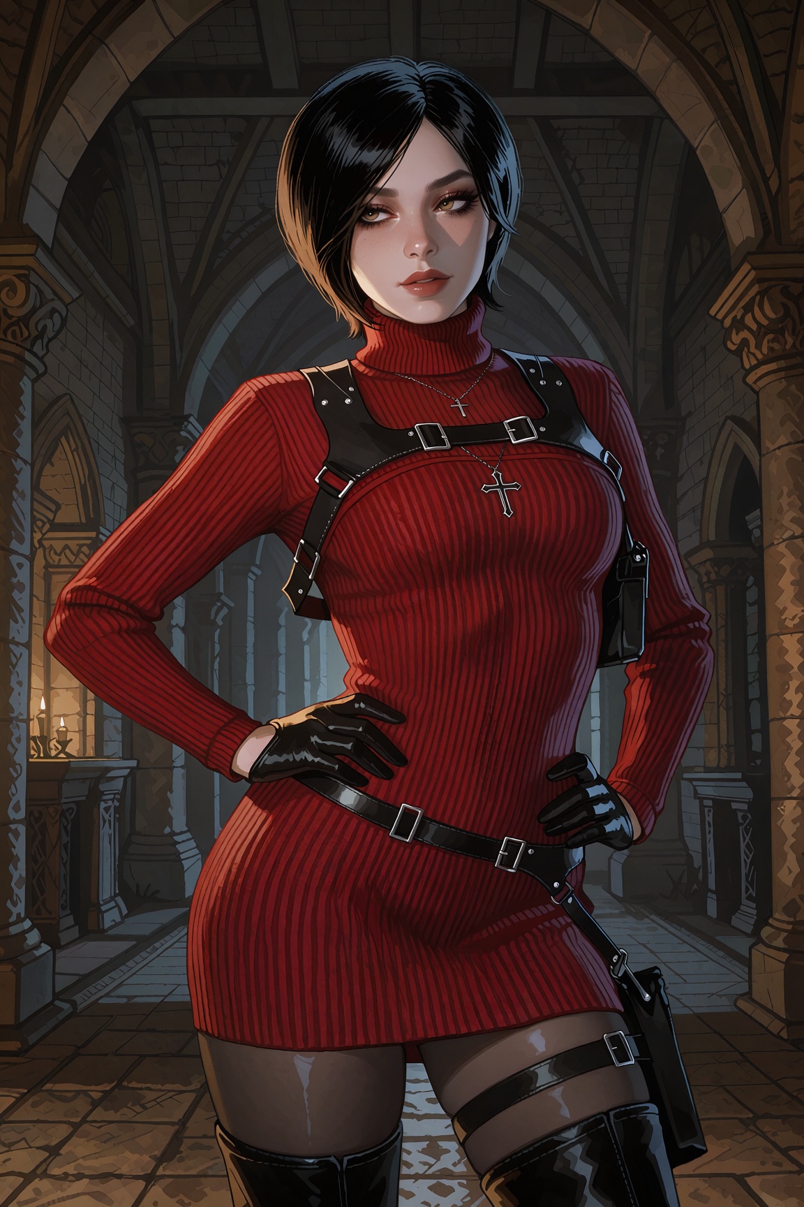 Vv.LXVIII - Centurion,  Vv.LXVIII - RE4R-Ada_Wong,  she is wearing a silver Catholic Cross necklace on Tensor.Art