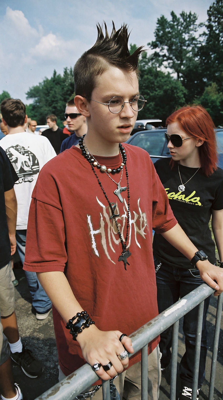 @2000s_core,  young person with mohawk,  glasses and red shirt on Tensor.Art