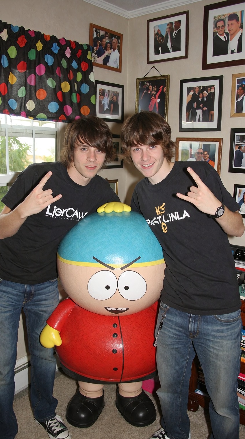 @2000s_core,  Two young men posing,  large South Park character on Tensor.Art