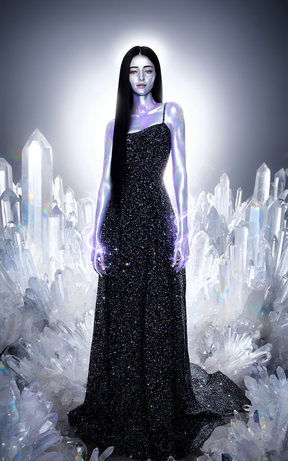 A full-body female figure with luminous iridescent crystalline skin shifting between silver,  violet,  and pale blue. Stra...