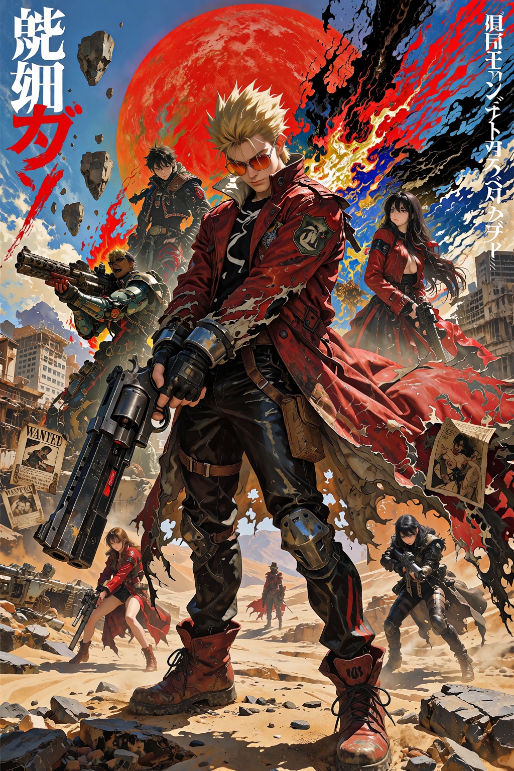 Trigun-inspired epic character poster of a blond spiky-haired gunman in a long tattered red coat,  orange sunglasses,  hol...