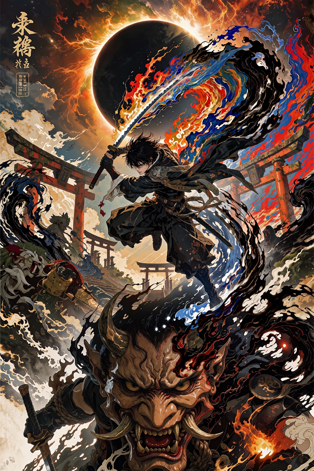 Epic vertical anime poster of a lone black-haired swordsman mid-leap through the air,  swinging a long katana that trails...