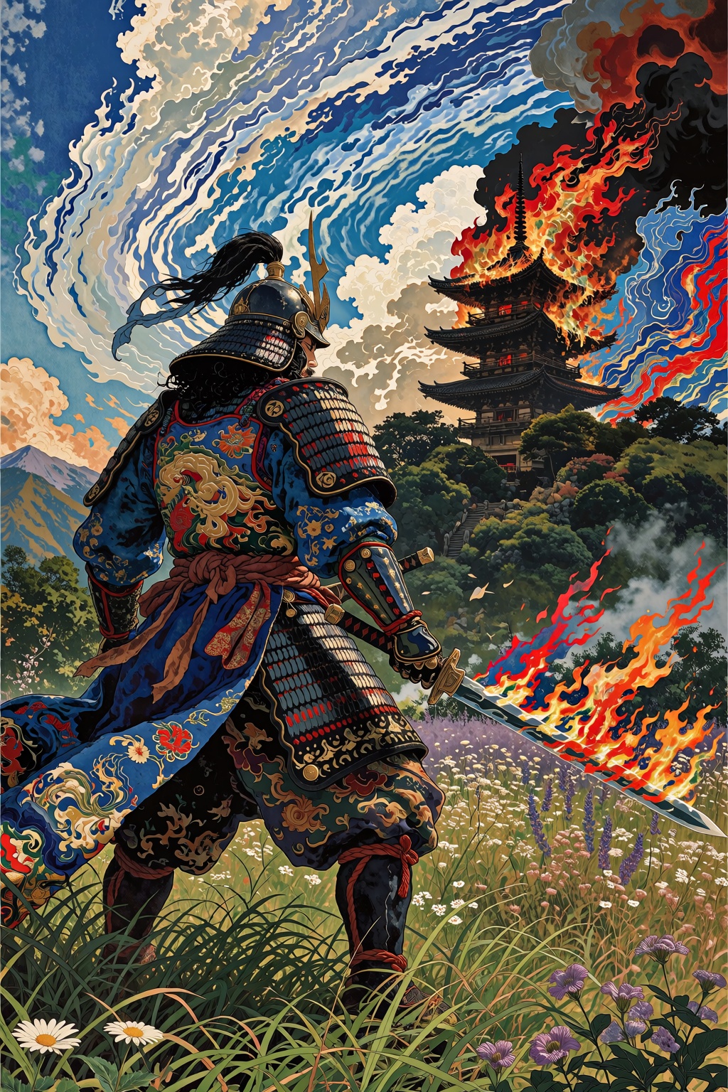The image depicts a scene with a warrior clad in ornate,  dark blue armor,  standing in a grassy field. The warrior is fac...