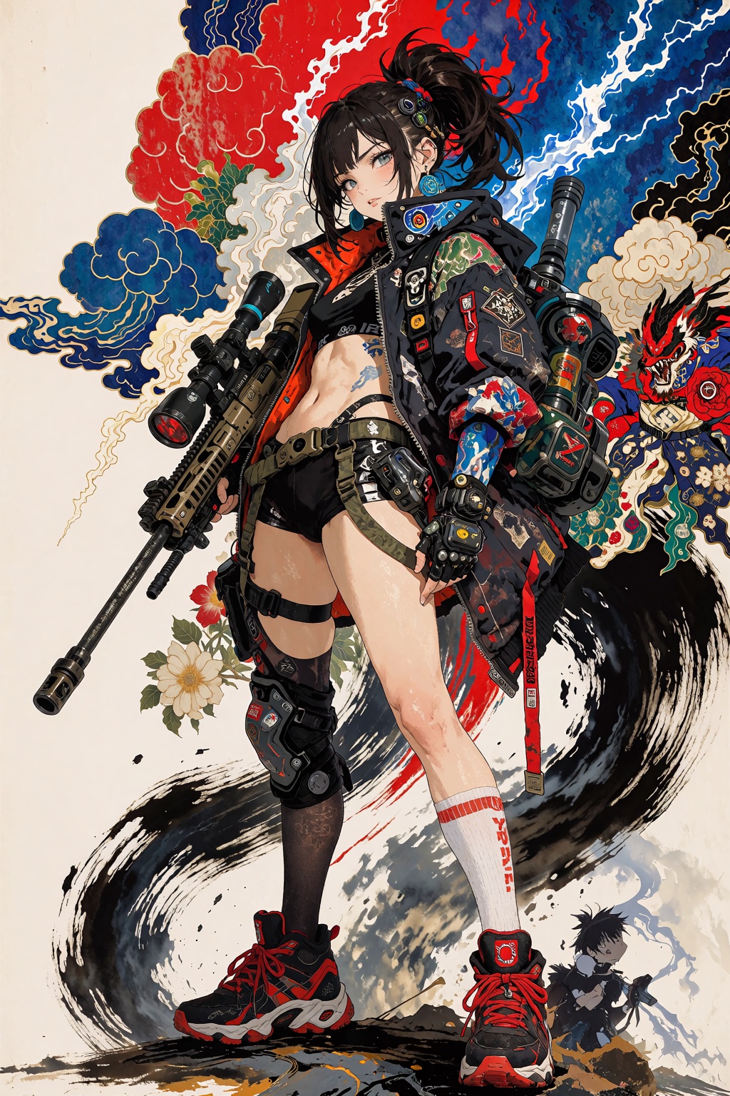 a cool anime girl sniper wearing cyberpunk techwear,  posing dynamicly,  decorative clouds and stylized lightning bolts in...