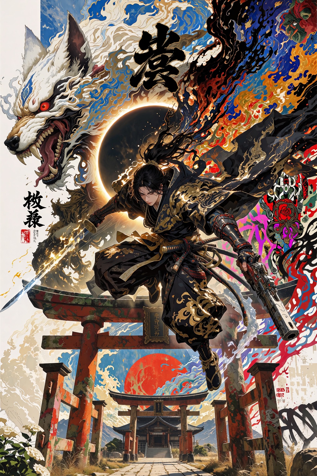 Cinematic fusion of all styles: A mysterious figure in flowing black and gold samurai robes leaps through the air above an...