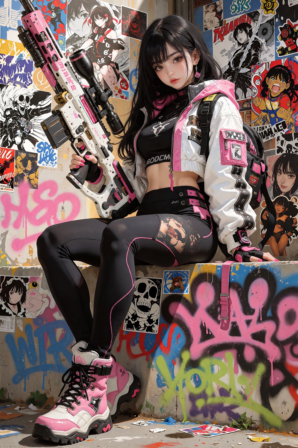 Beautiful anime girl with long straight black hair sitting on a graffiti-covered concrete ledge,  holding a massive white...