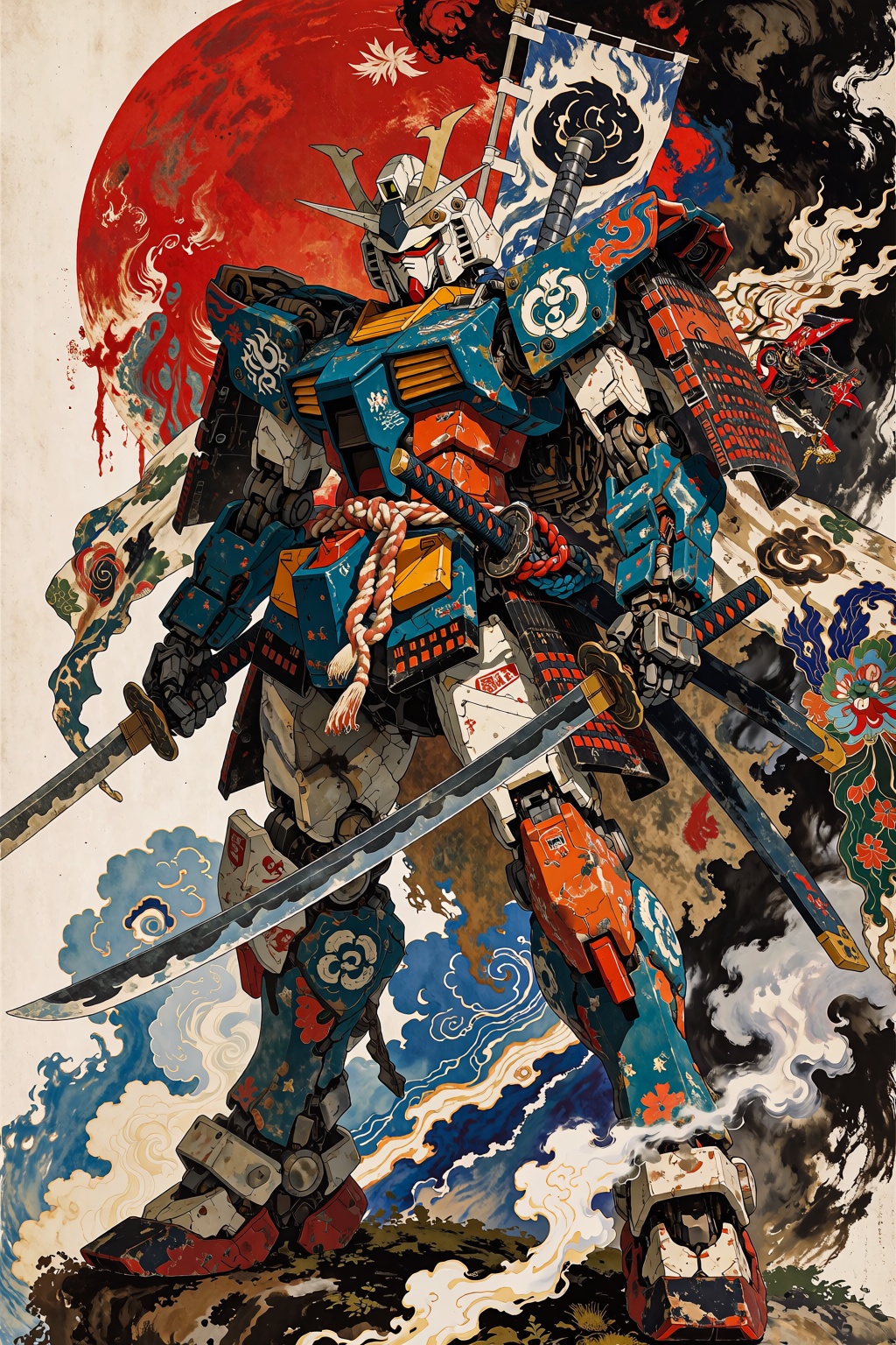 towering samurai-inspired Gundam mecha standing in a powerful pose,  holding two katanas,  teal and orange armor with trad...