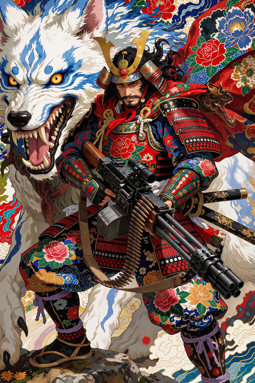 A fierce Japanese warrior in ornate red and blue samurai armor decorated with roses and gold patterns,  standing proudly w...