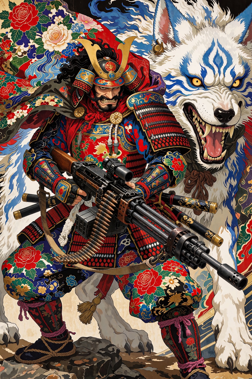 A fierce Japanese warrior in ornate red and blue samurai armor decorated with roses and gold patterns,  standing proudly w...