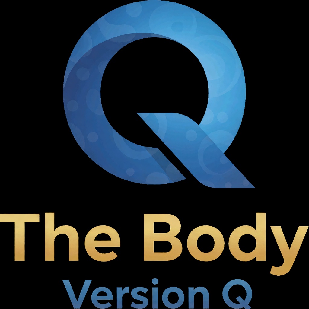 a blue logo of the letter "Q",  above the golden text "The Body" underneath blue text "Version Q",  black background on Te...