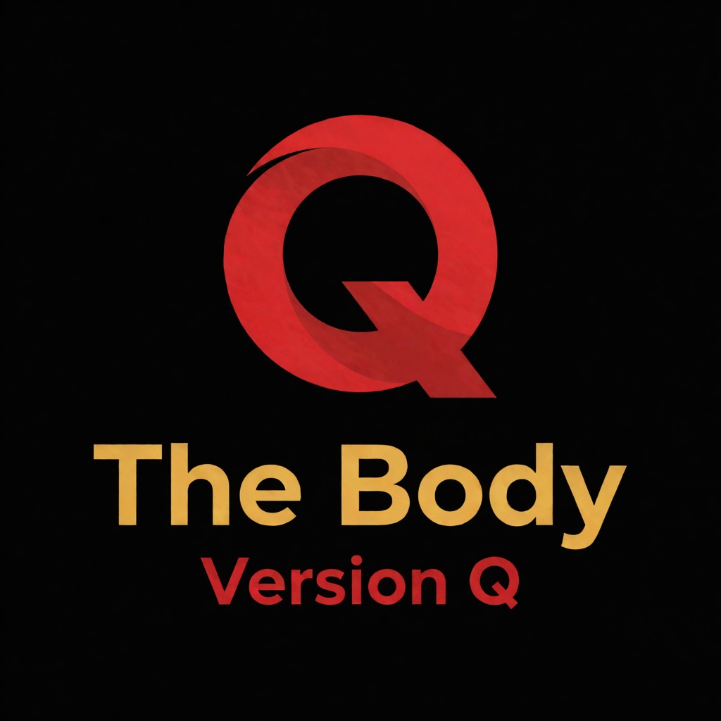 a red logo of the letter "Q",  above the golden text "The Body" underneath red text "Version Q",  black background on Tens...