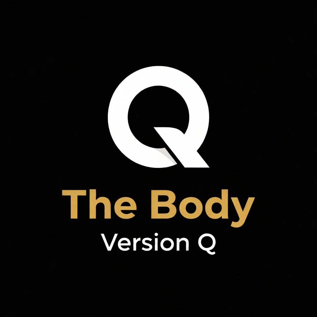 a white logo of the letter "Q",  above the golden text "The Body" underneath white text "Version Q",  black background on...