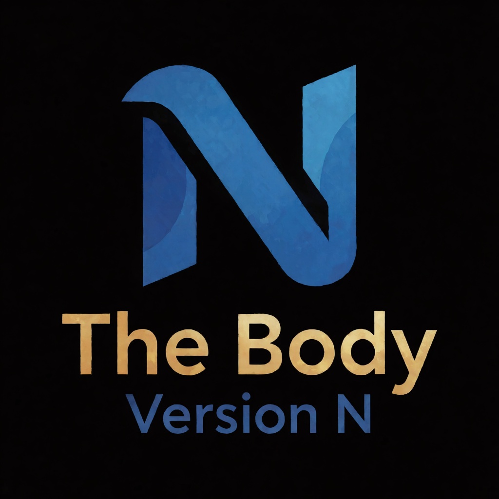 a blue logo of the letter "N",  above the golden text "The Body" underneath blue text "Version N",  black background on Te...