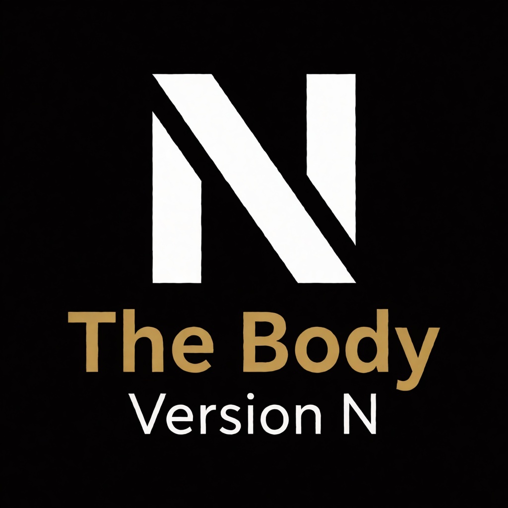 a white logo of the letter "N",  above the golden text "The Body" underneath white text "Version N",  black background on...
