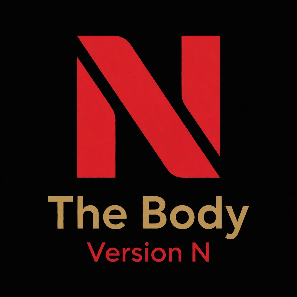 a red logo of the letter "N",  above the golden text "The Body" underneath red text "Version N",  black background on Tens...