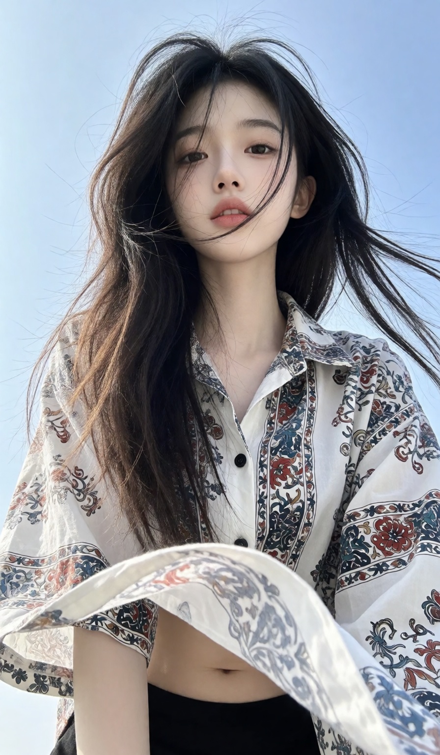 一位长发及腰、模样似洋娃娃般可爱的女生。低角度垂直仰拍看向镜头,  采用超广角,  体现动态美学 on Tensor.Art
