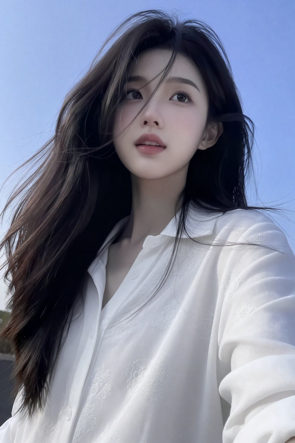 一位长发及腰、模样似洋娃娃般可爱的女生。低角度垂直仰拍看向镜头,  采用超广角,  体现动态美学 by 剑舞轻风 on Tensor.Art