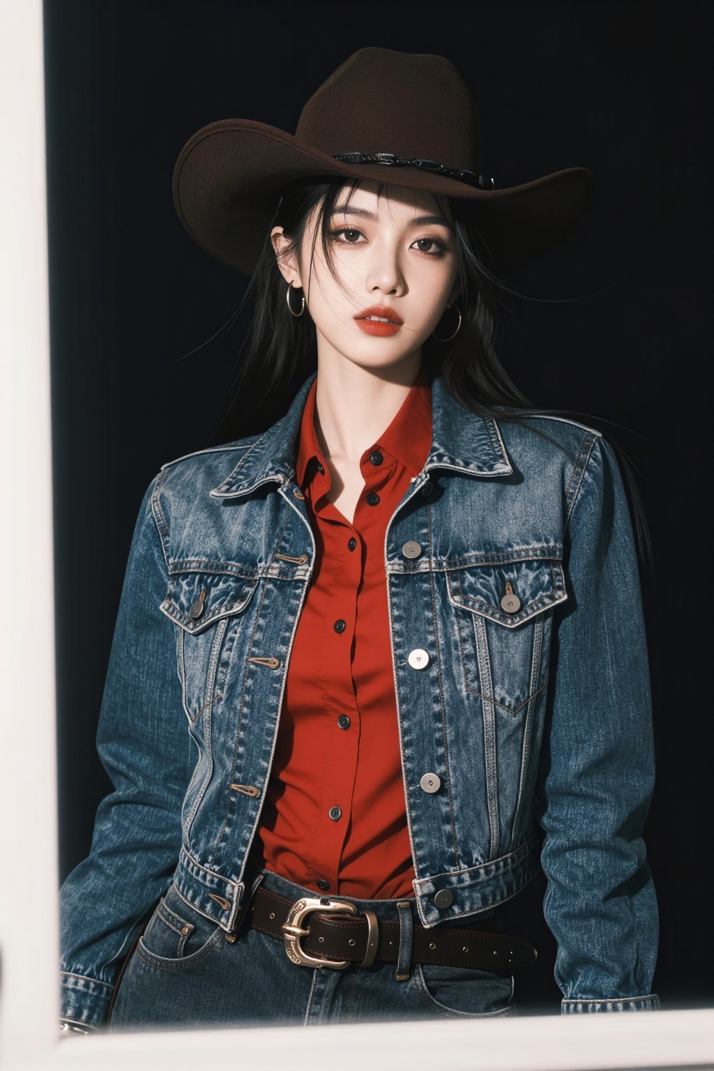 一位美女西部牛仔装备,  牛仔帽子,  牛仔夹克 on Tensor.Art