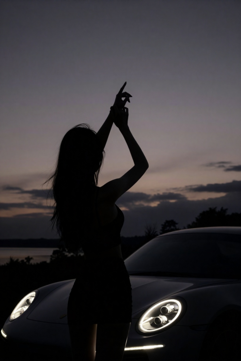 A dark silhouette of a slender woman stands in profile against a dim twilight sky. Her right arm is raised straight above...