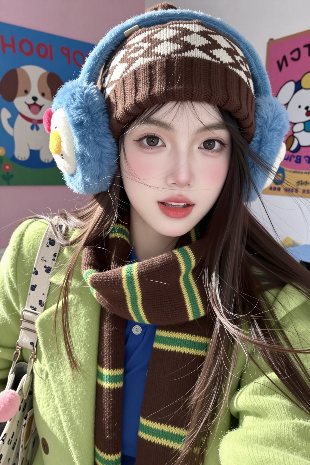 真实摄影,  棕色长发（带挑染）,  戴着棕色图案针织帽、蓝色卡通耳罩 on Tensor.Art