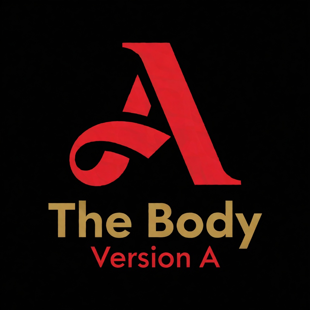 a red logo of the letter "A",  above the golden text "The Body" underneath red text "Version A",  black background on Tens...