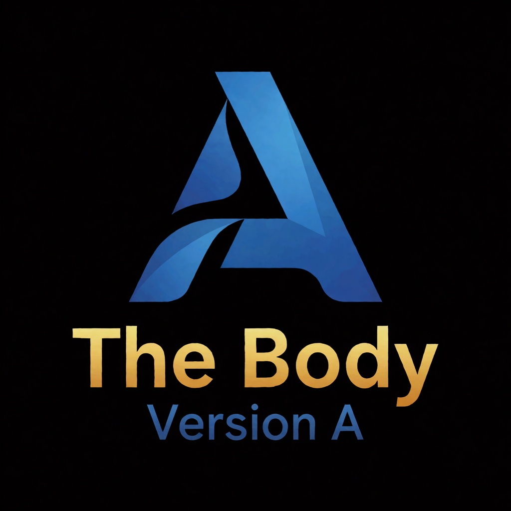 a blue logo of the letter "A",  above the golden text "The Body" underneath blue text "Version A",  black background on Te...
