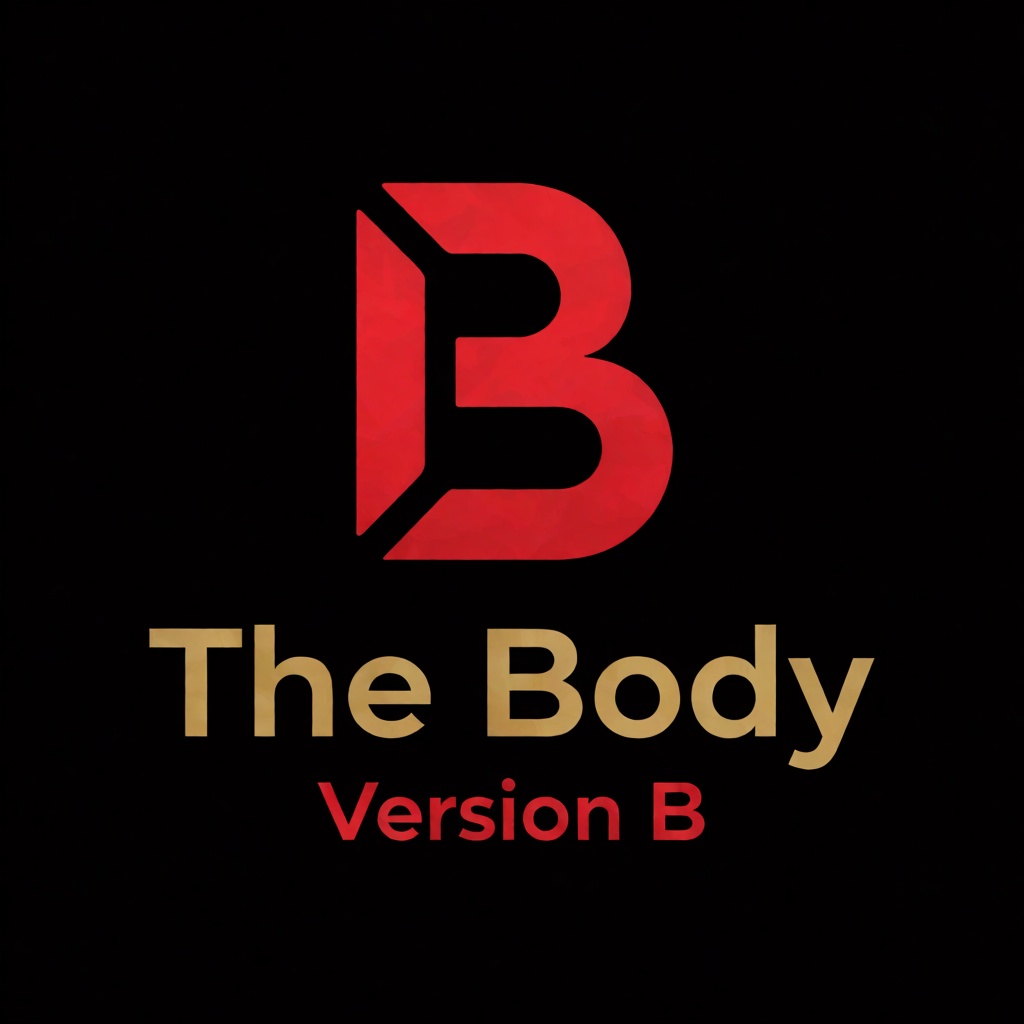 a red logo of the letter "B",  above the golden text "The Body" underneath red text "Version B",  black background on Tens...