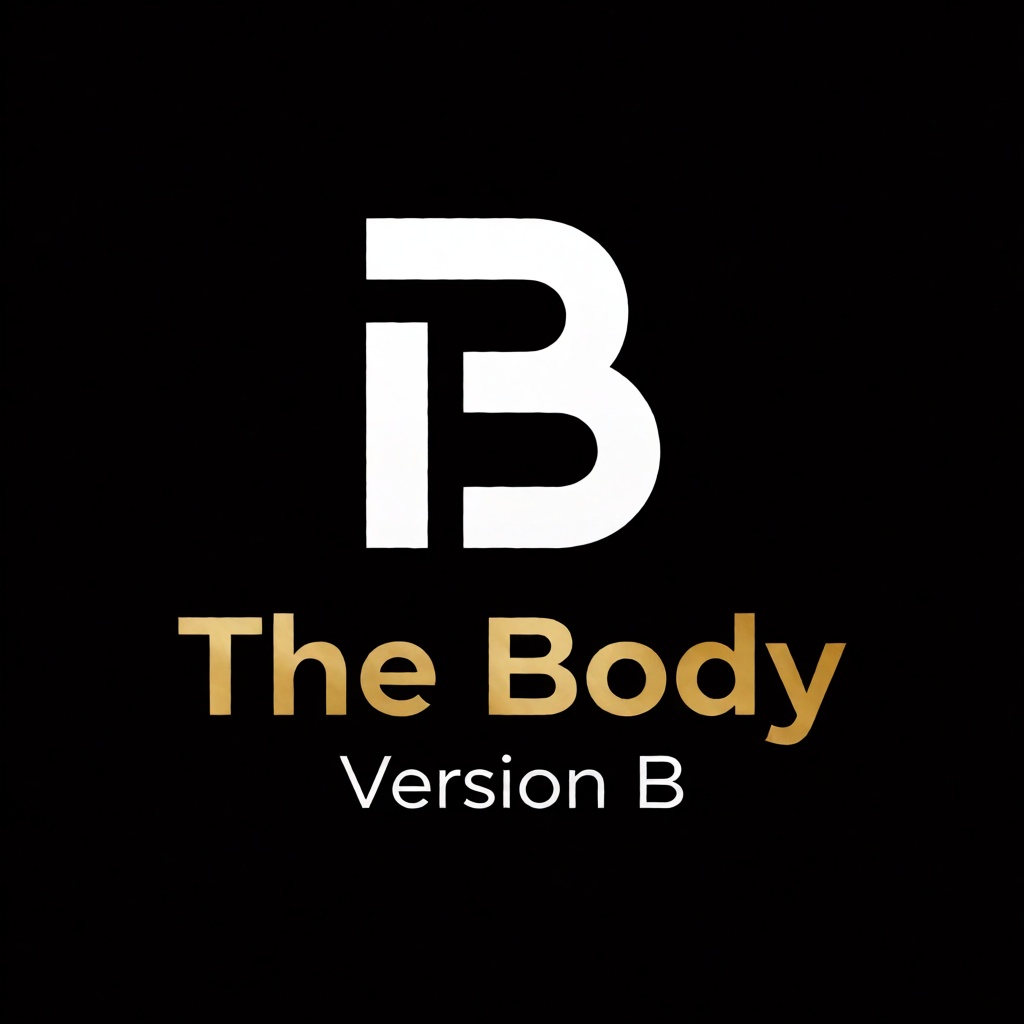 a white logo of the letter "B",  above the golden text "The Body" underneath white text "Version B",  black background on...