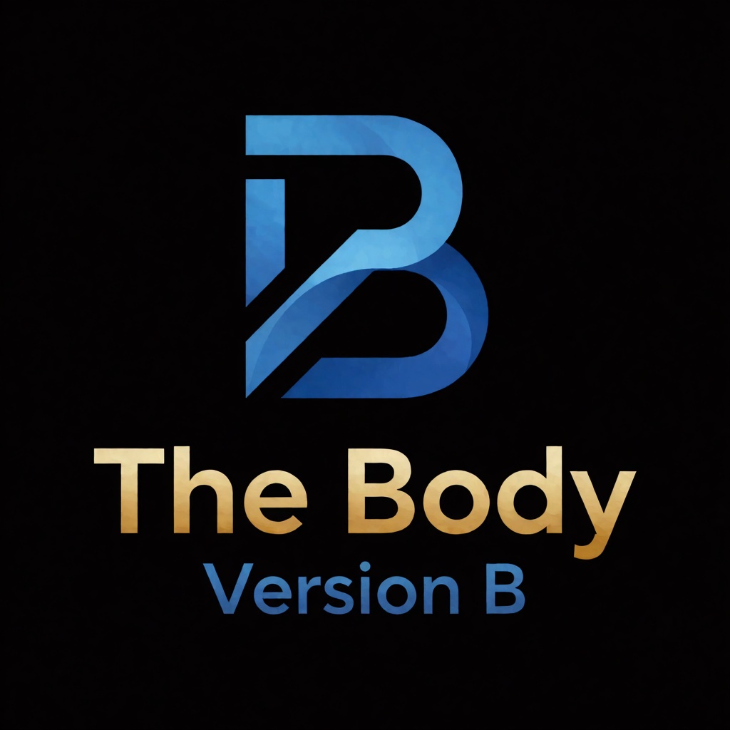 a blue logo of the letter "B",  above the golden text "The Body" underneath blue text "Version B",  black background on Te...