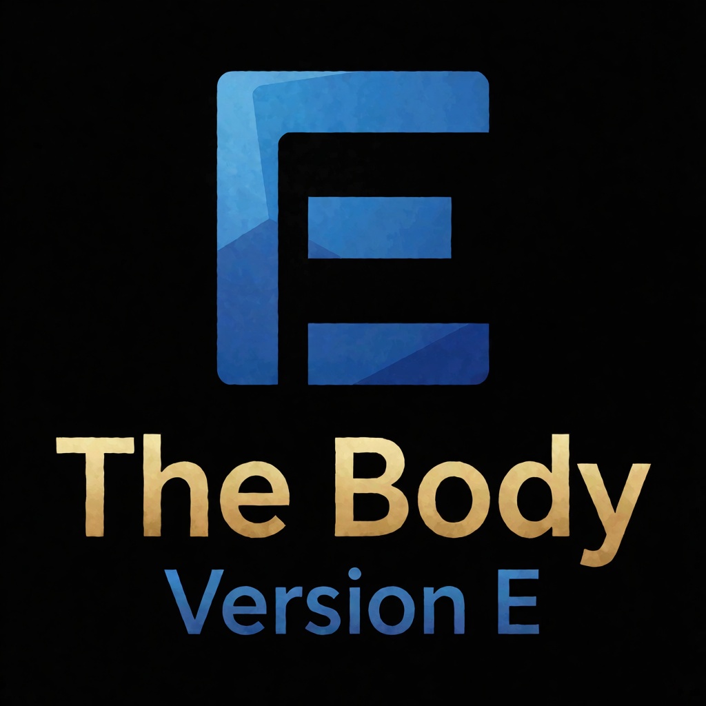 a blue logo of the letter "E",  above the golden text "The Body" underneath blue text "Version E",  black background on Te...