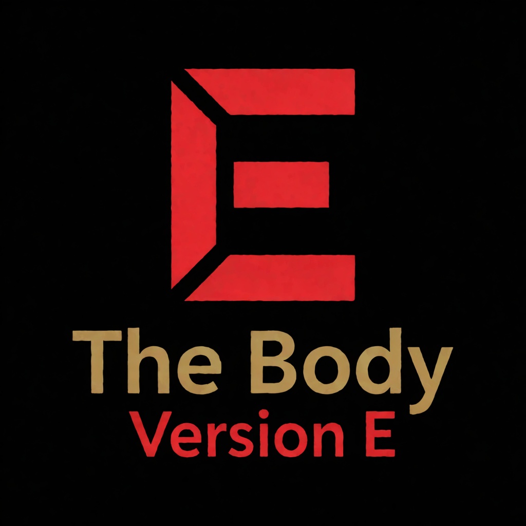 a red logo of the letter "E",  above the golden text "The Body" underneath red text "Version E",  black background on Tens...