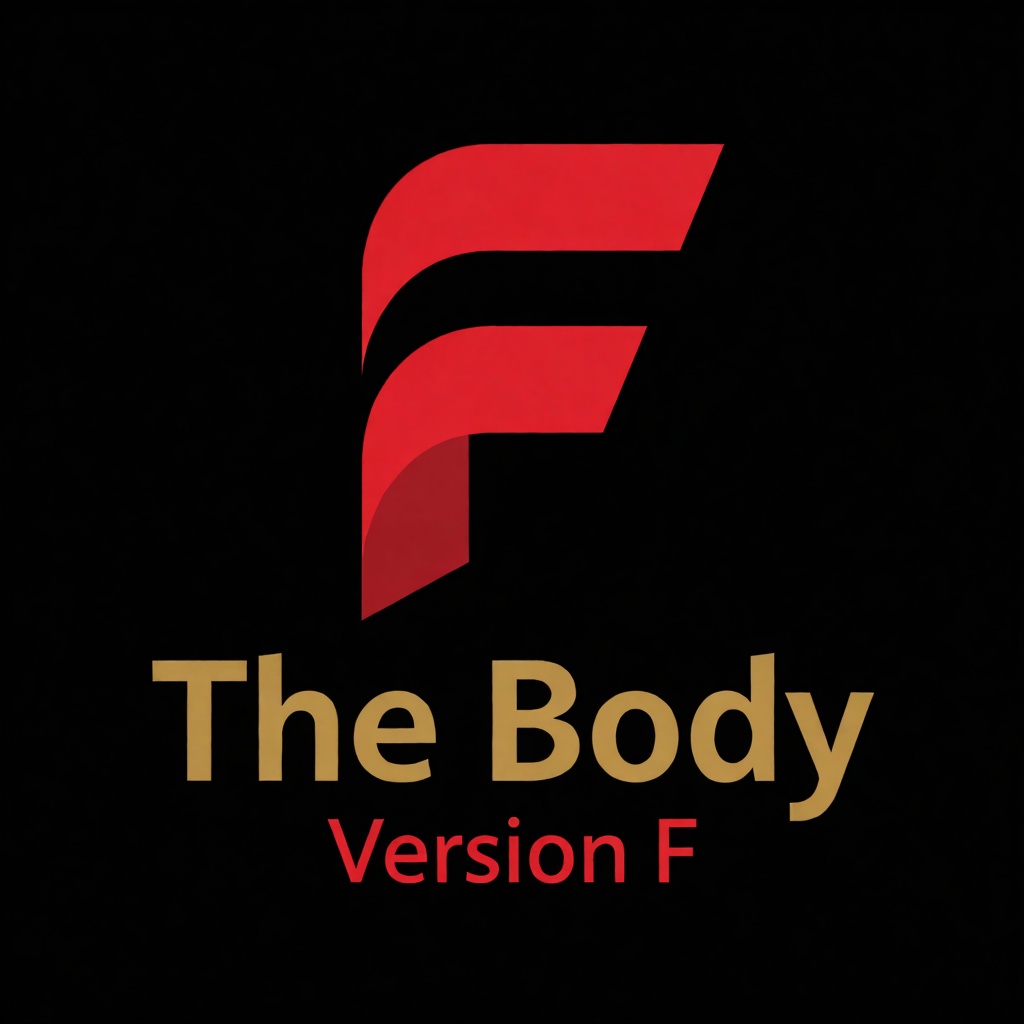 a red logo of the letter "F",  above the golden text "The Body" underneath red text "Version F",  black background on Tens...