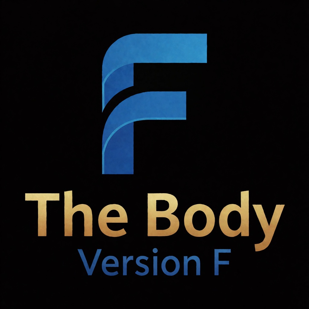 a blue logo of the letter "F",  above the golden text "The Body" underneath blue text "Version F",  black background on Te...