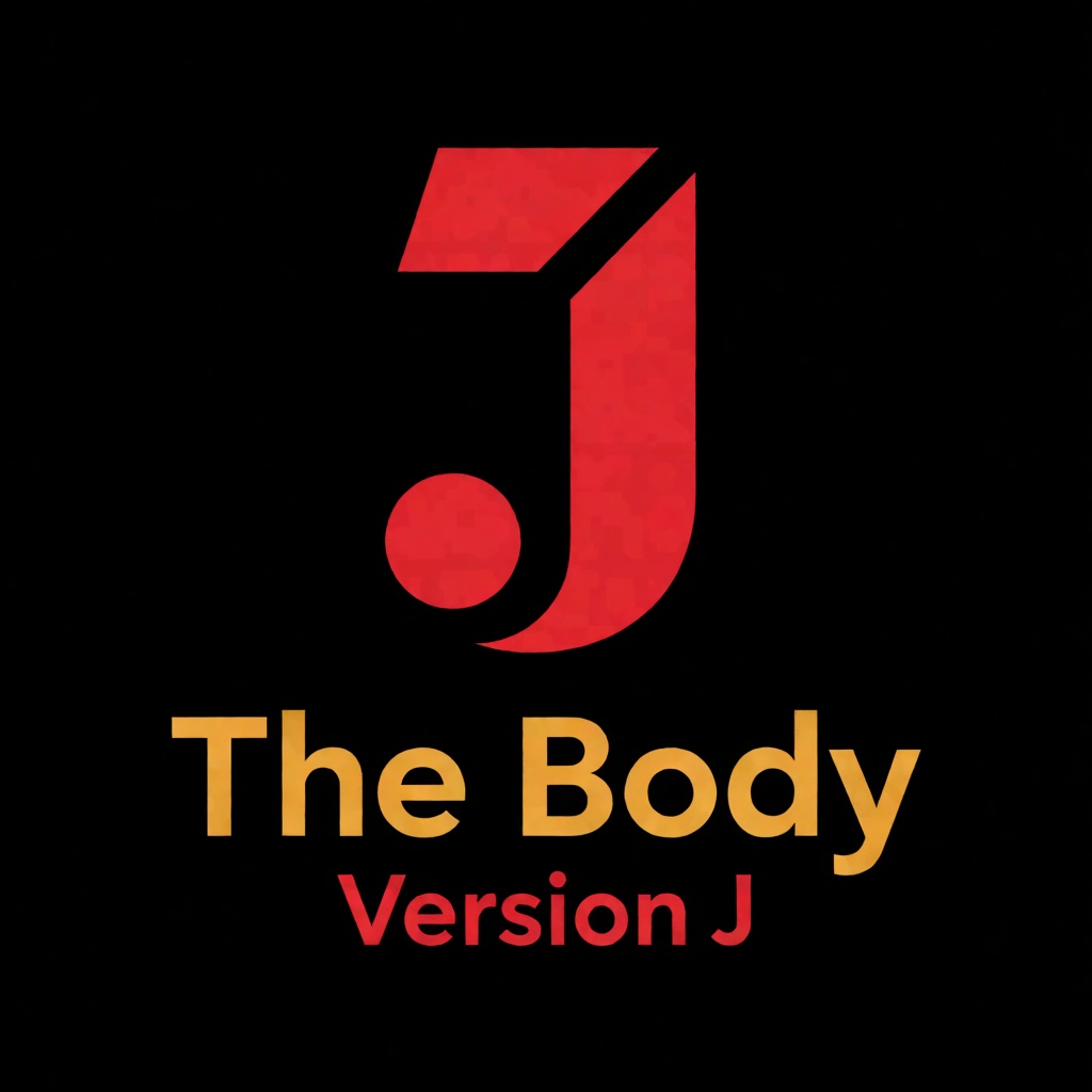 a red logo of the letter "J",  above the golden text "The Body" underneath red text "Version J",  black background on Tens...