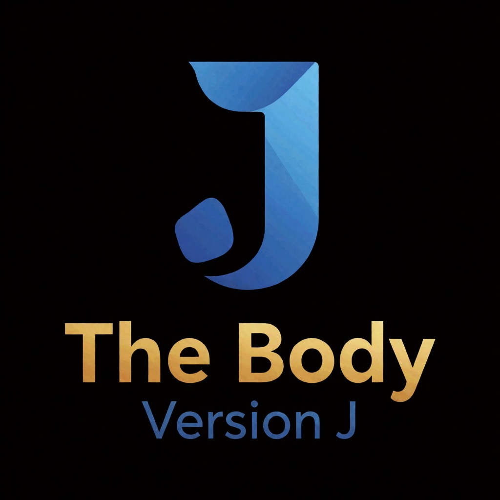 a blue logo of the letter "J",  above the golden text "The Body" underneath blue text "Version J",  black background on Te...