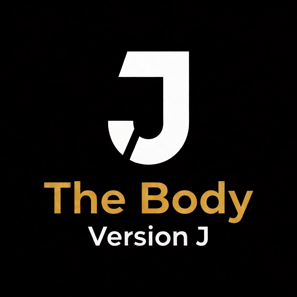 a white logo of the letter "J",  above the golden text "The Body" underneath white text "Version J",  black background on...