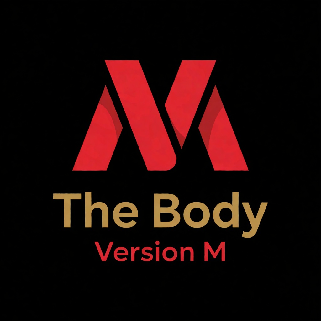 a red logo of the letter "M",  above the golden text "The Body" underneath red text "Version M",  black background on Tens...