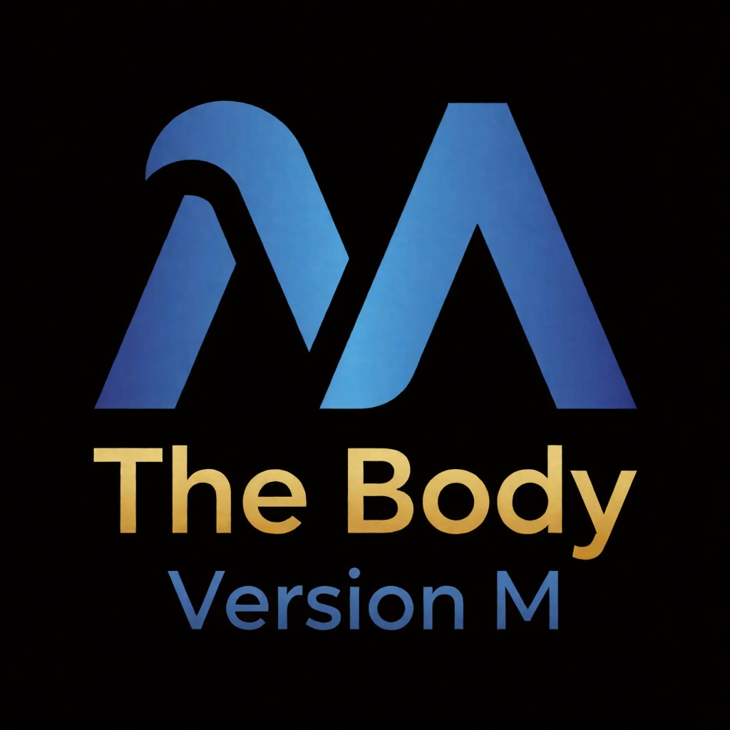 a blue logo of the letter "M",  above the golden text "The Body" underneath blue text "Version M",  black background on Te...