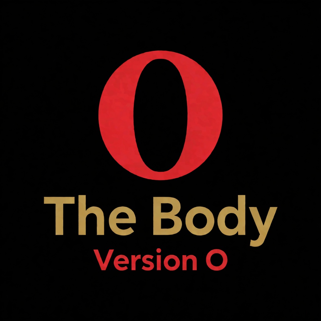 a red logo of the letter "O",  above the golden text "The Body" underneath red text "Version O",  black background on Tens...
