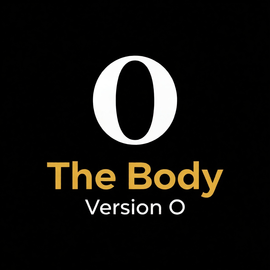 a white logo of the letter "O",  above the golden text "The Body" underneath white text "Version O",  black background on...