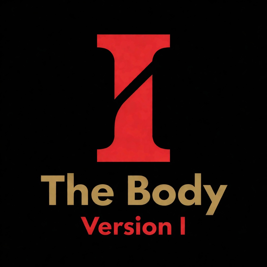 a red logo of the letter "I",  above the golden text "The Body" underneath red text "Version I",  black background on Tens...