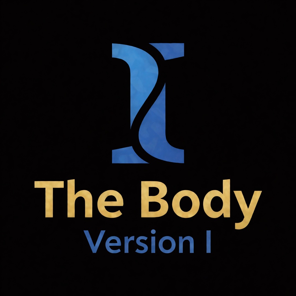 a blue logo of the letter "I",  above the golden text "The Body" underneath blue text "Version I",  black background on Te...