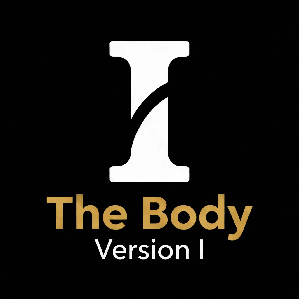 a white logo of the letter "I",  above the golden text "The Body" underneath white text "Version I",  black background on...