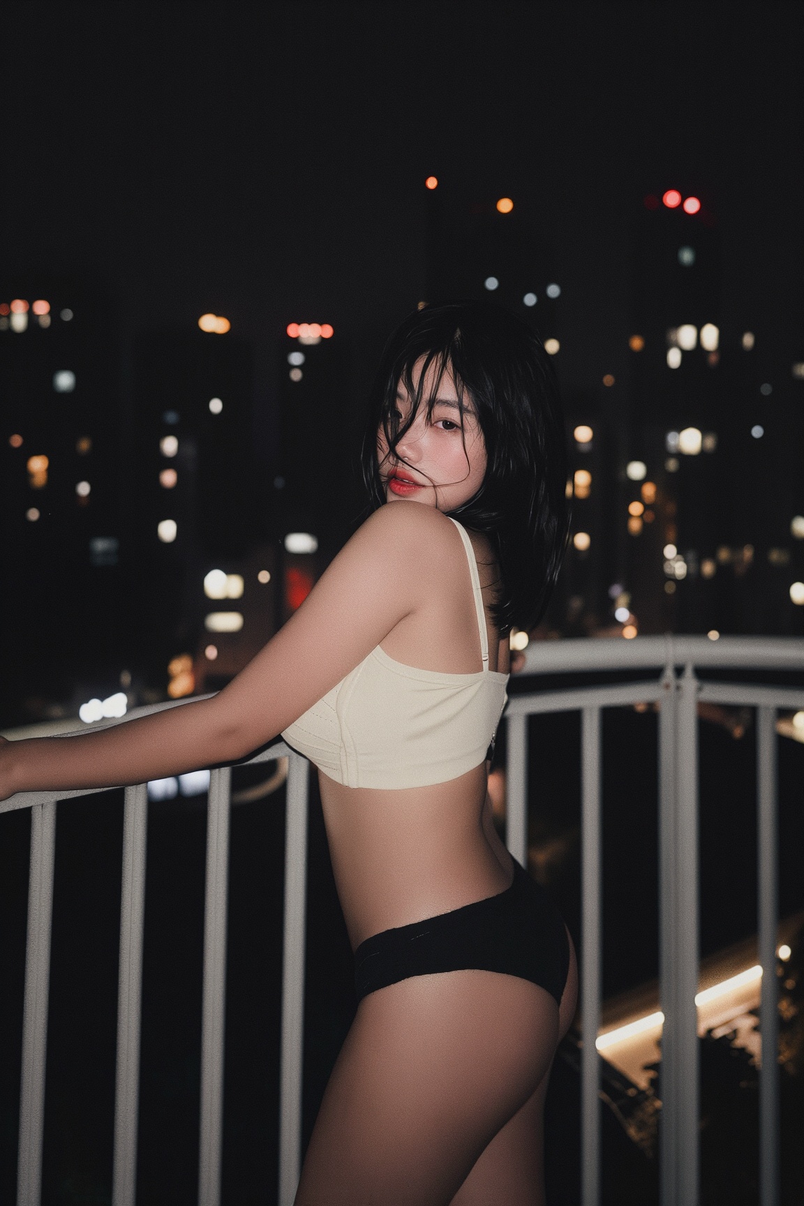 { "image_description": "A moody,  low-light photograph of a woman standing on a high-rise balcony at night,  with a vibran...