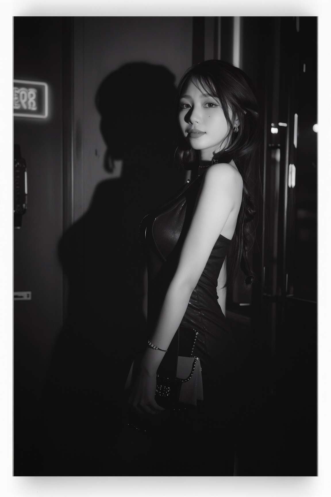 a sultry model,  poses for a film-noir themed glamour photoshoot,  captured in a monochrome shot with dramatic shadows cas...