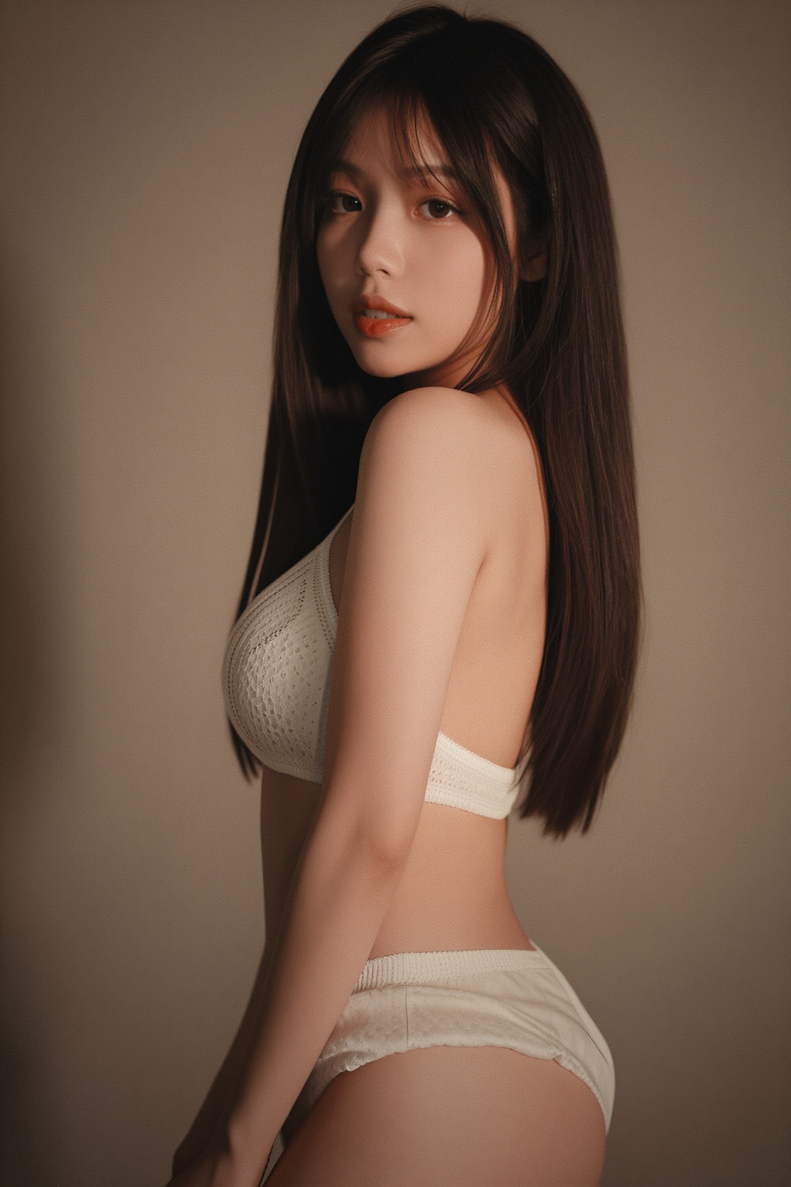 Cinematic editorial portrait of a Asian Playboy model,  set against studio background,  with soft ambient lighting on Tens...
