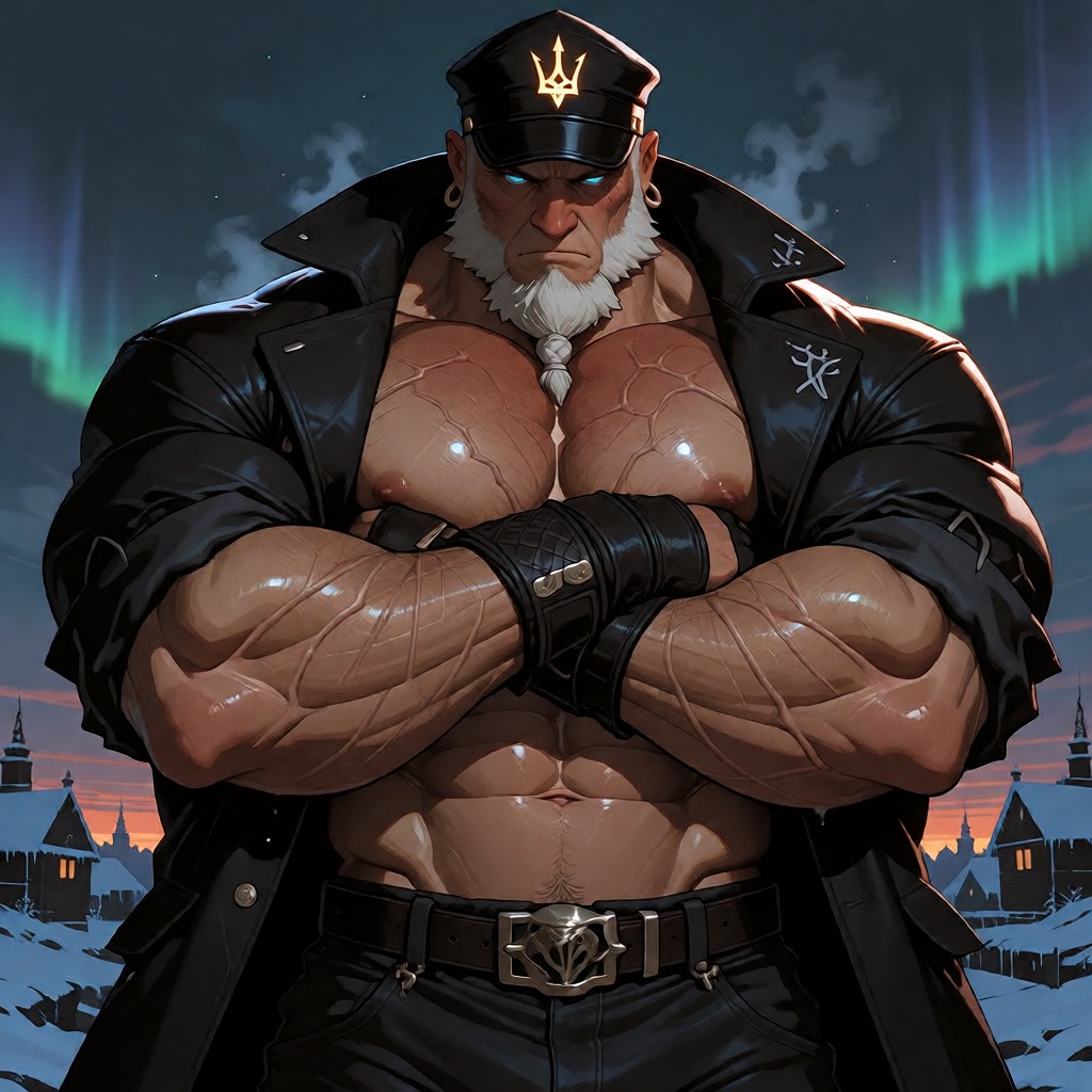 Digital painting of an overwhelmingly powerful,  mythic Nordic warlord—his chiseled face stern and commanding,  with pierc...