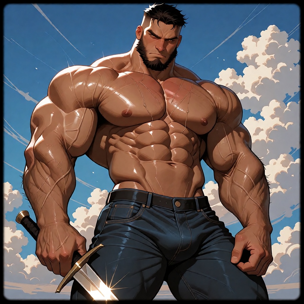 Digital painting of an overwhelmingly powerful,  hyper-muscular demigod-like humanoid warrior with chiseled,  god-tier ana...